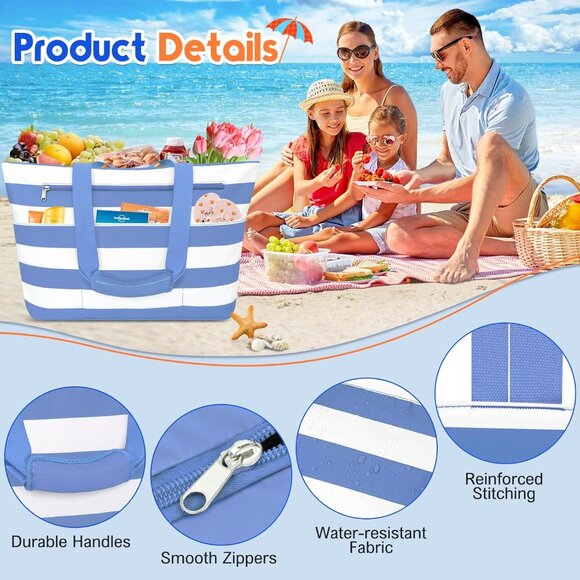 Women's Purple White Waterproof Sandproof Xl Tote Zipper Foldable Beach Bags - Picture 6 of 8